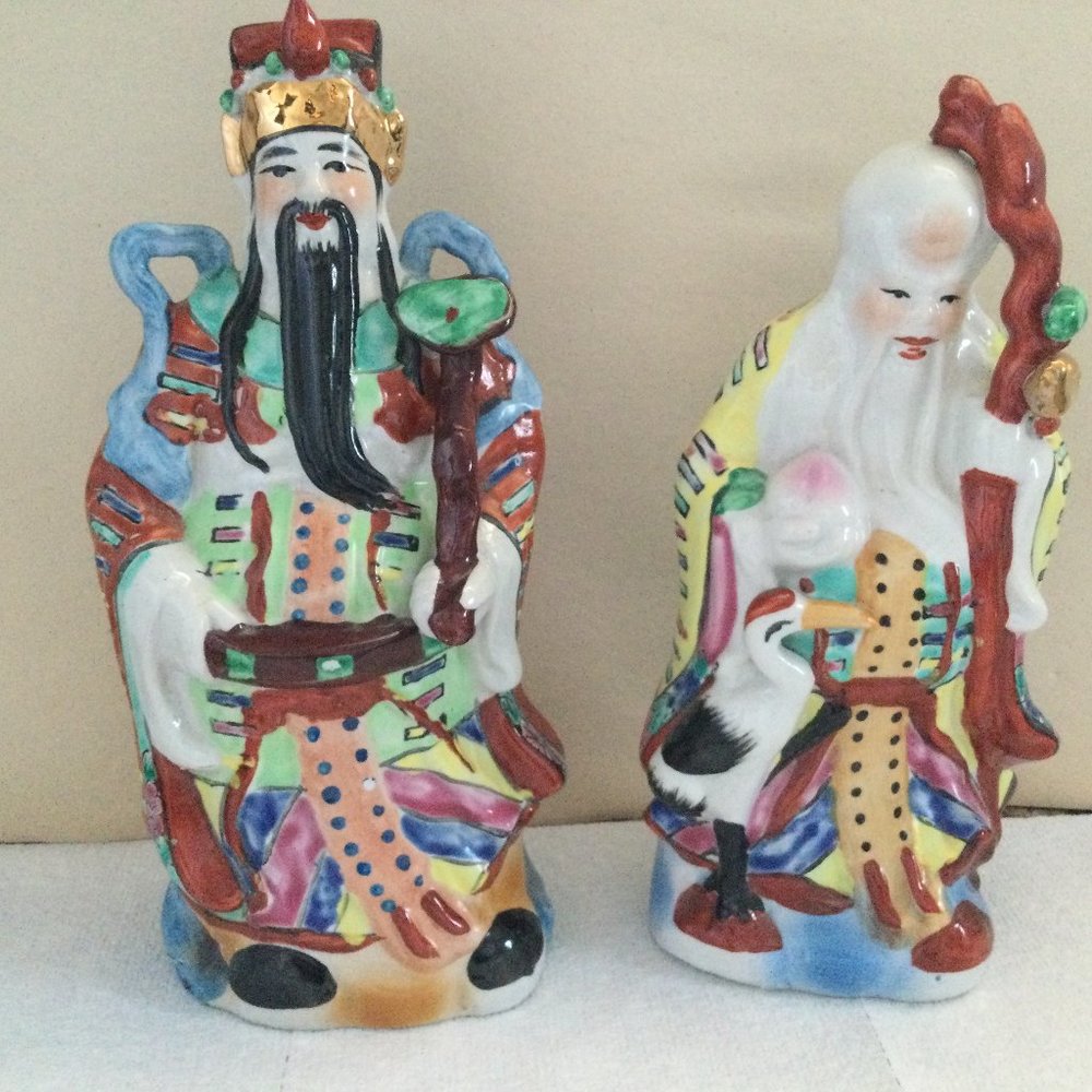 Lot of 2 Chinese ceramic figurines god of longevity and wealthy 8.5" shou & lu